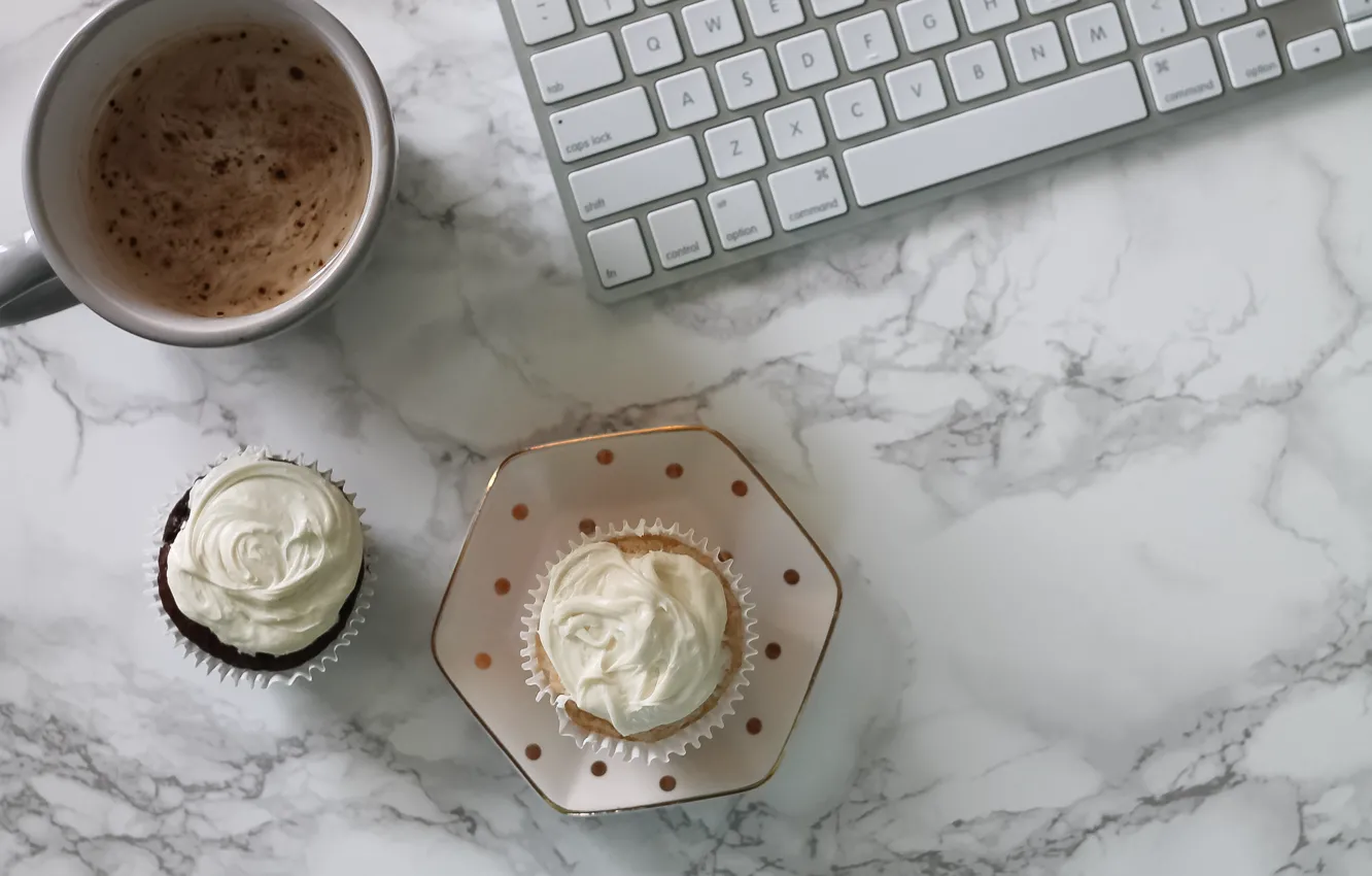 Фото обои кофе, клавиатура, coffee cup, cupcake, кексы, keyboard, marble