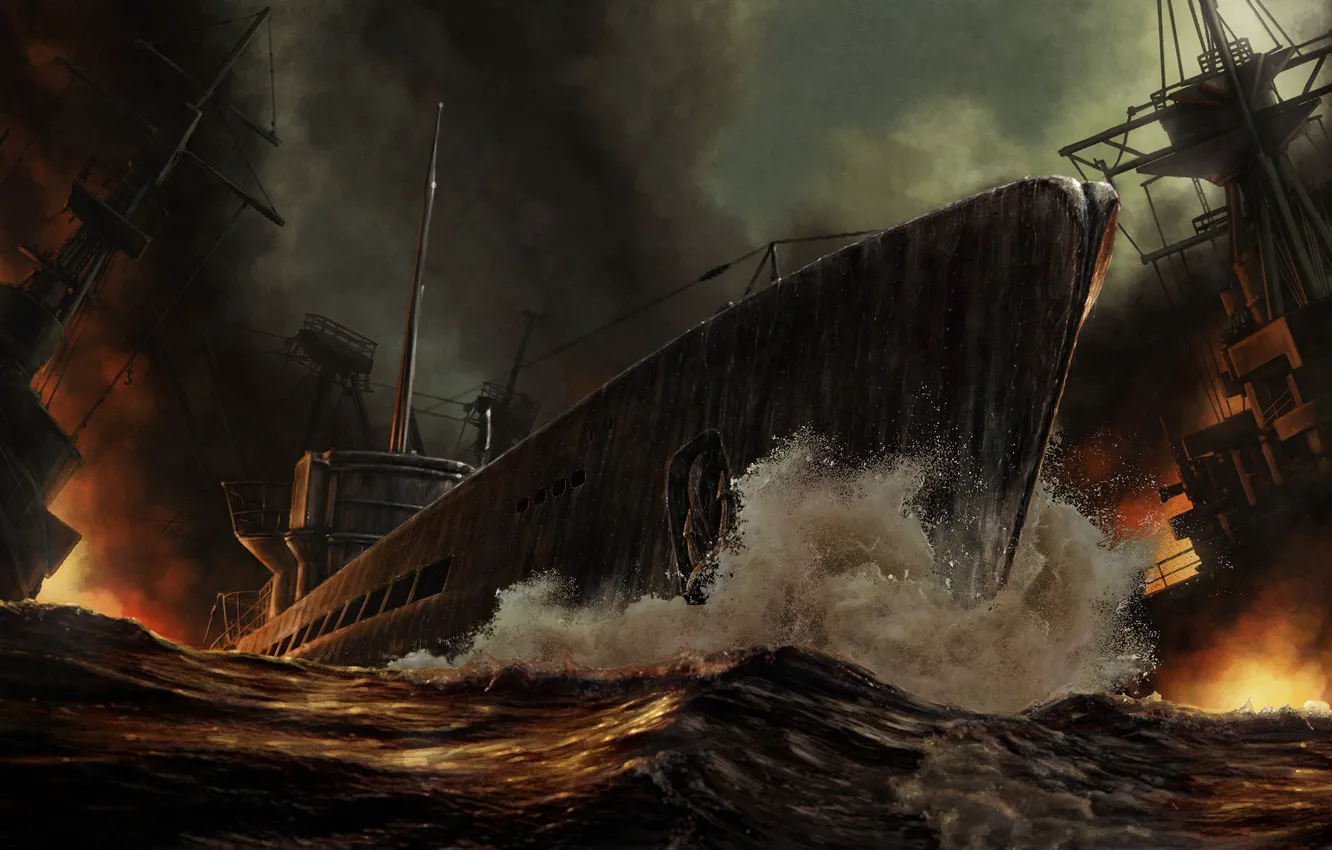 Фото обои море, огонь, дым, корабли, сражение