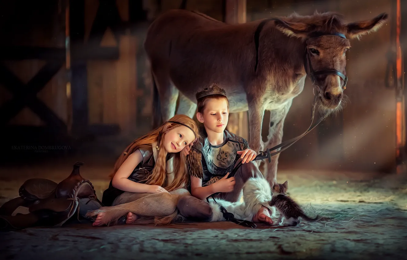 Фото обои животные, дети, мальчик, девочка