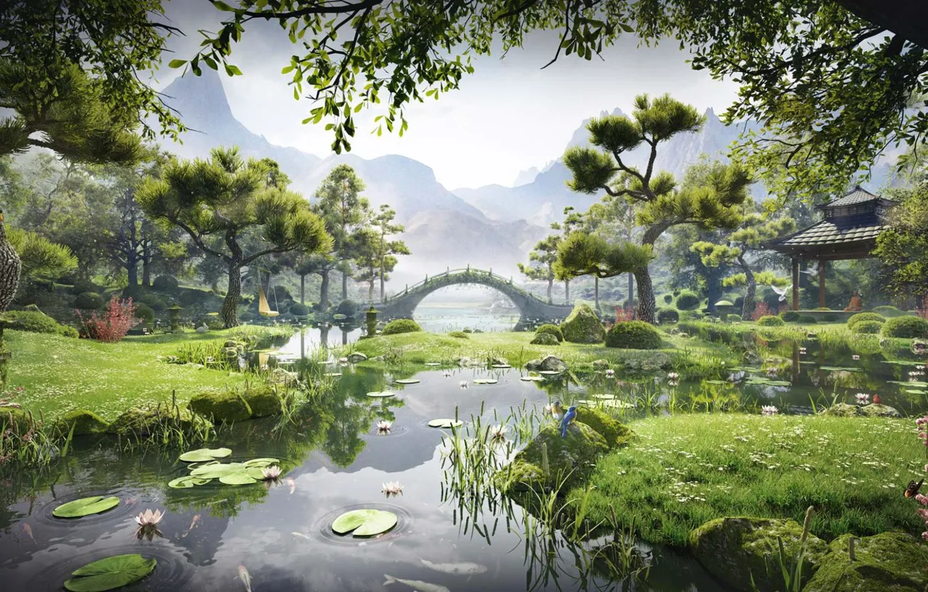 Фото обои горы, мост, река, растительность, Meditation Garden