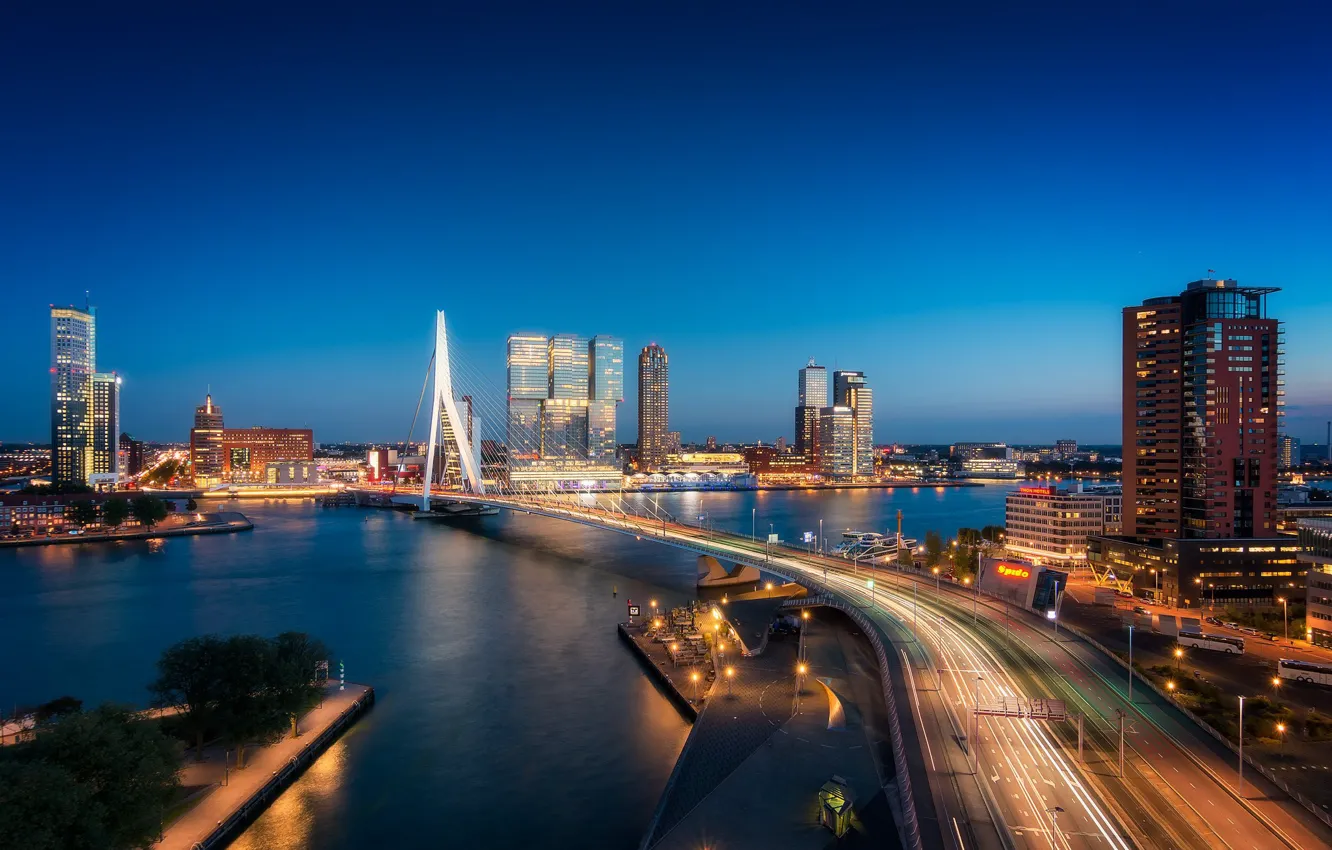 Фото обои мост, огни, река, Нидерланды, ночной город, skyline, Голландия, Роттердам