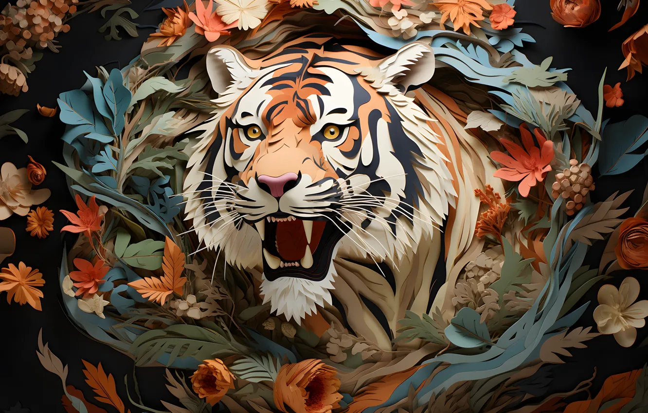 Фото обои tiger, art, flowers, face, rendering, fiction