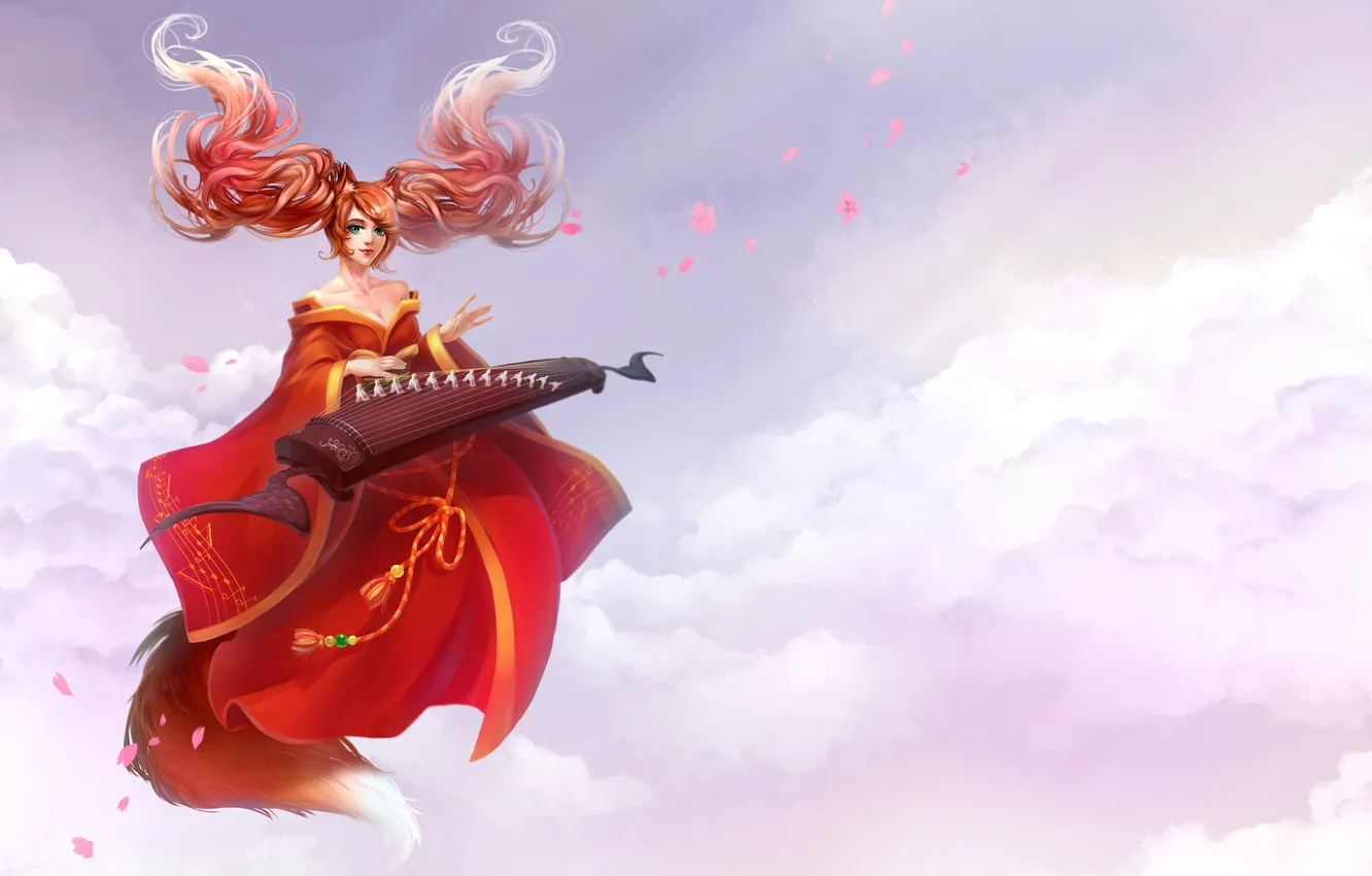 Фото обои девушка, облака, лепестки, арт, хвост, уши, в красном, музыкальный инструмент