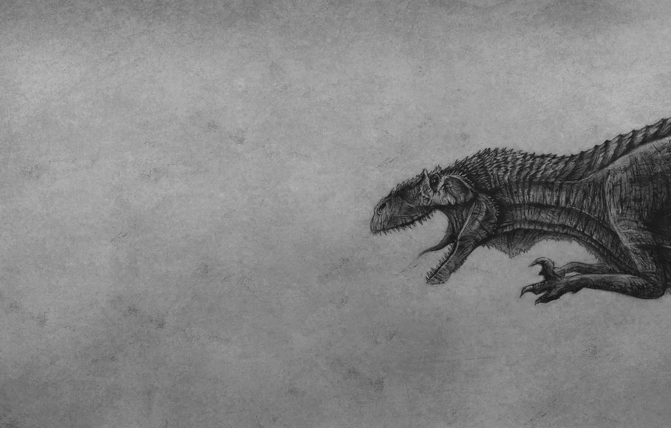 Фото обои черно-белый, рисунок, динозавр, ящер, серый фон, зубастый, dinosaur