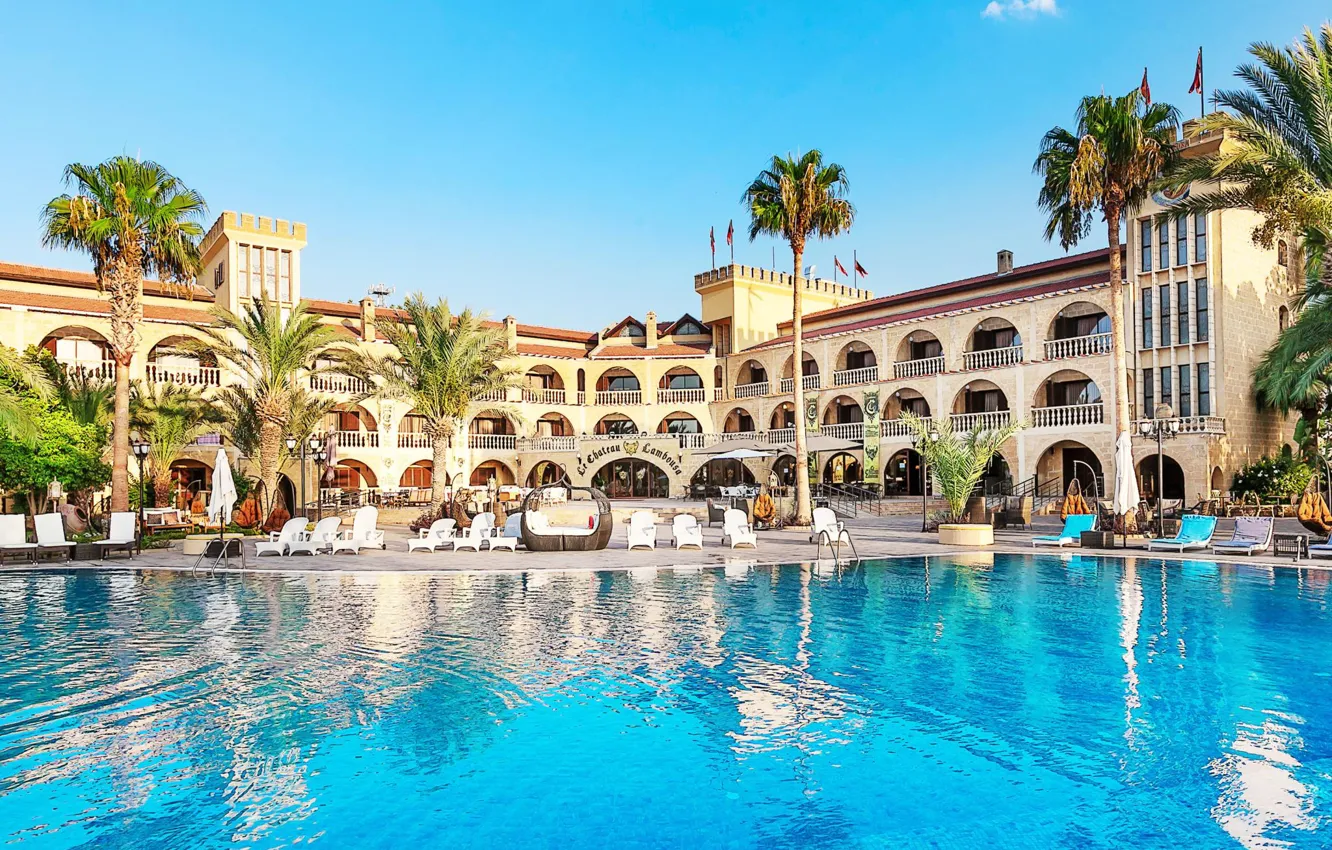 Фото обои пальмы, бассейн, отель, Кипр, Лапитос, Le Chateau Lambousa