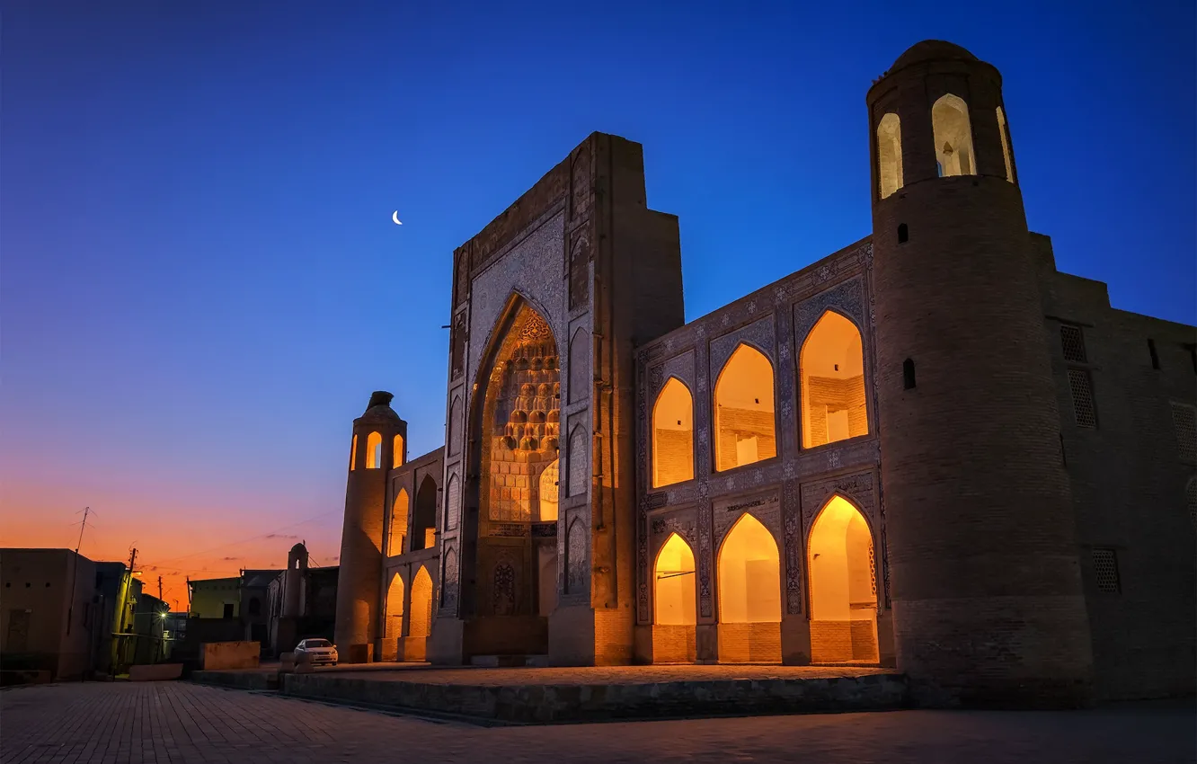Фото обои огни, вечер, ворота, площадь, Узбекистан, Бухара