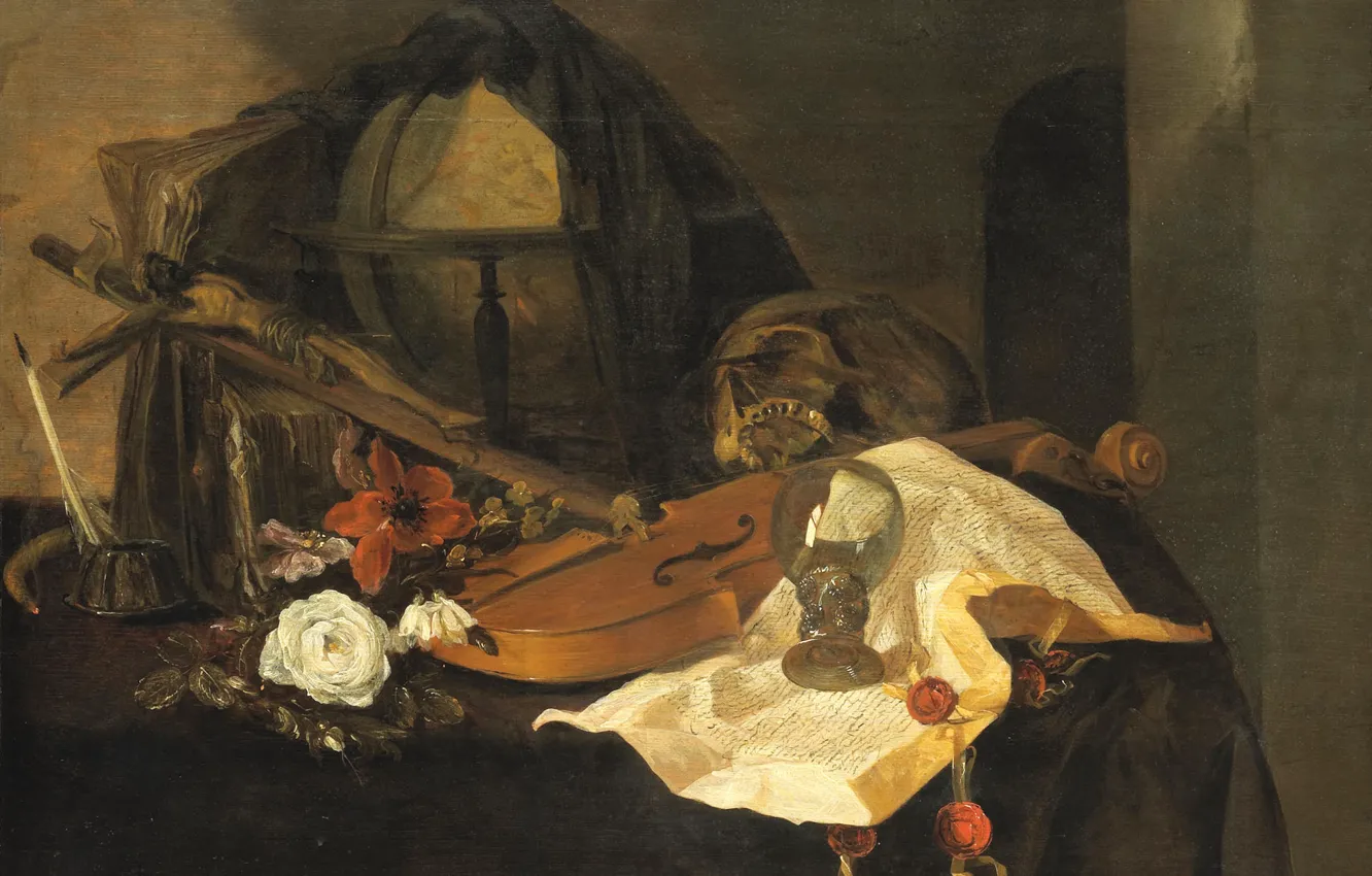 Фото обои цветок, скрипка, распятие, Jacques de Claeuw, Натюрморт. Аллегория Тщеславия
