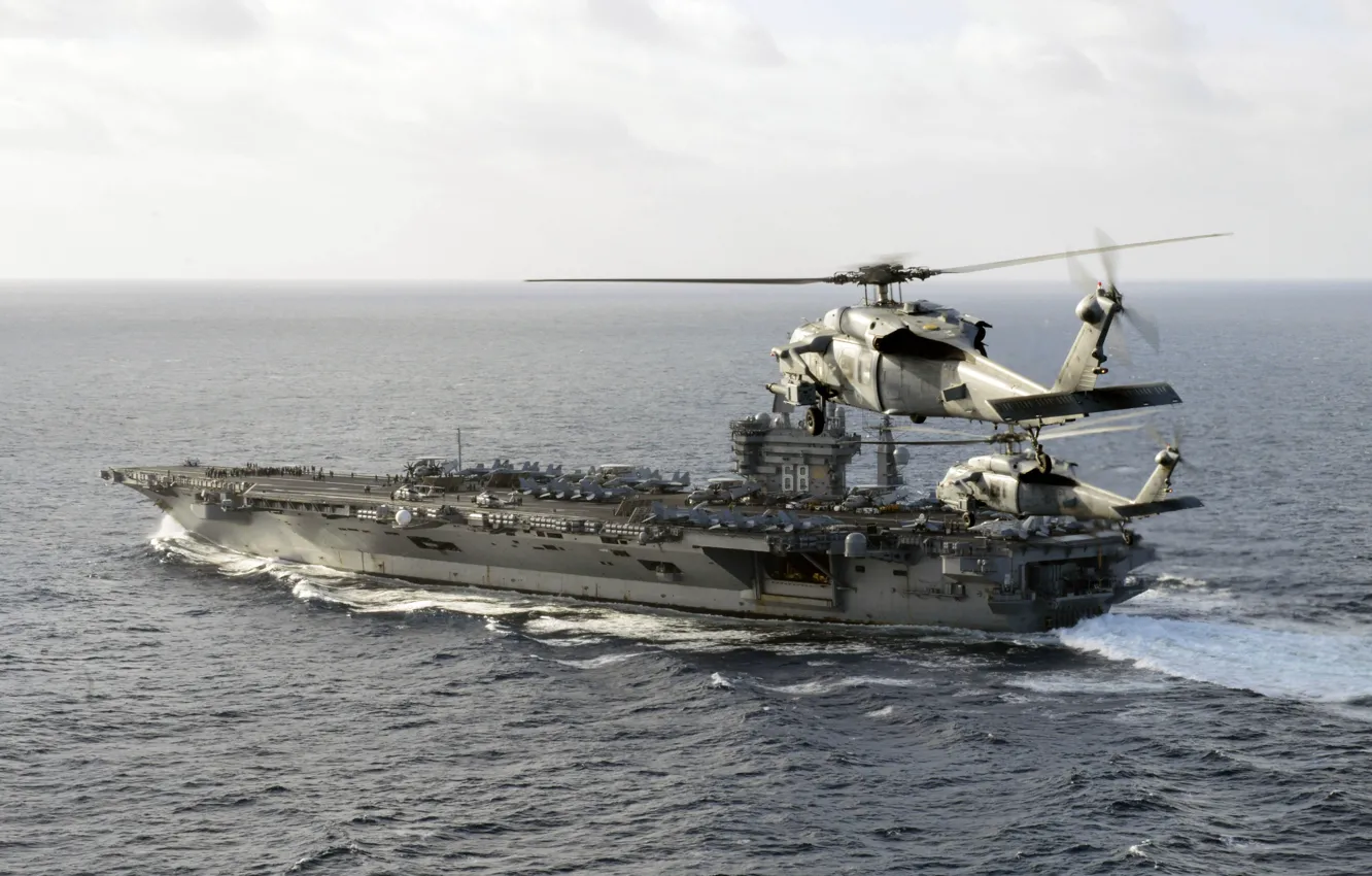 Фото обои оружие, армия, флот, MH-60S Sea Hawk helicopter, aircraft carrier USS Nimitz (CVN 68)