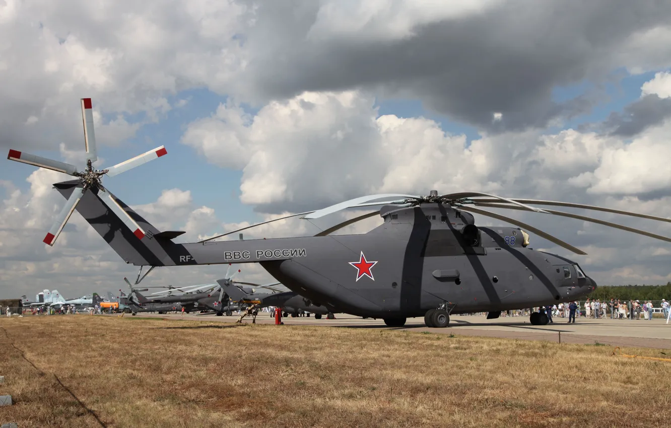 Фото обои выставка, вертолёт, авиатехника, helicopter, многоцелевой, Ми-26, транспортный, советский/российский