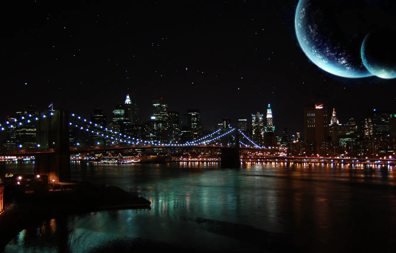 Фото обои небо, ночь, мост, река, луна