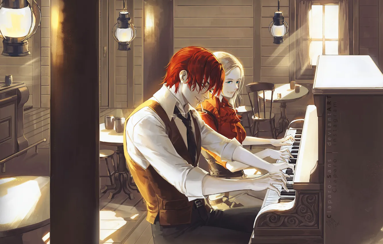 Фото обои девушка, музыка, парень, пианино, красавчик