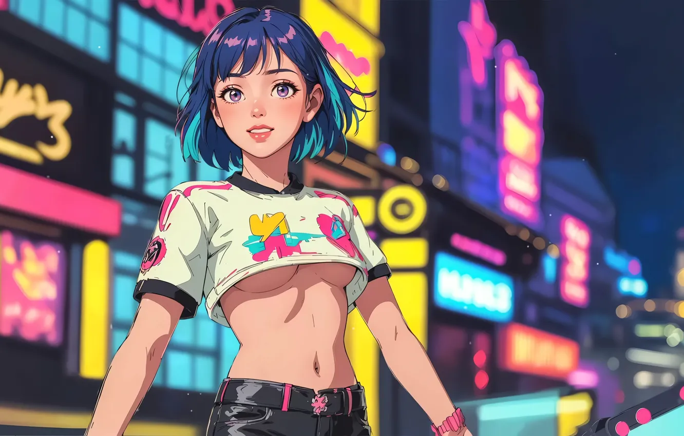 Фото обои city, city lights, short hair, digital art, artwork, anime girls, no bra, underboob