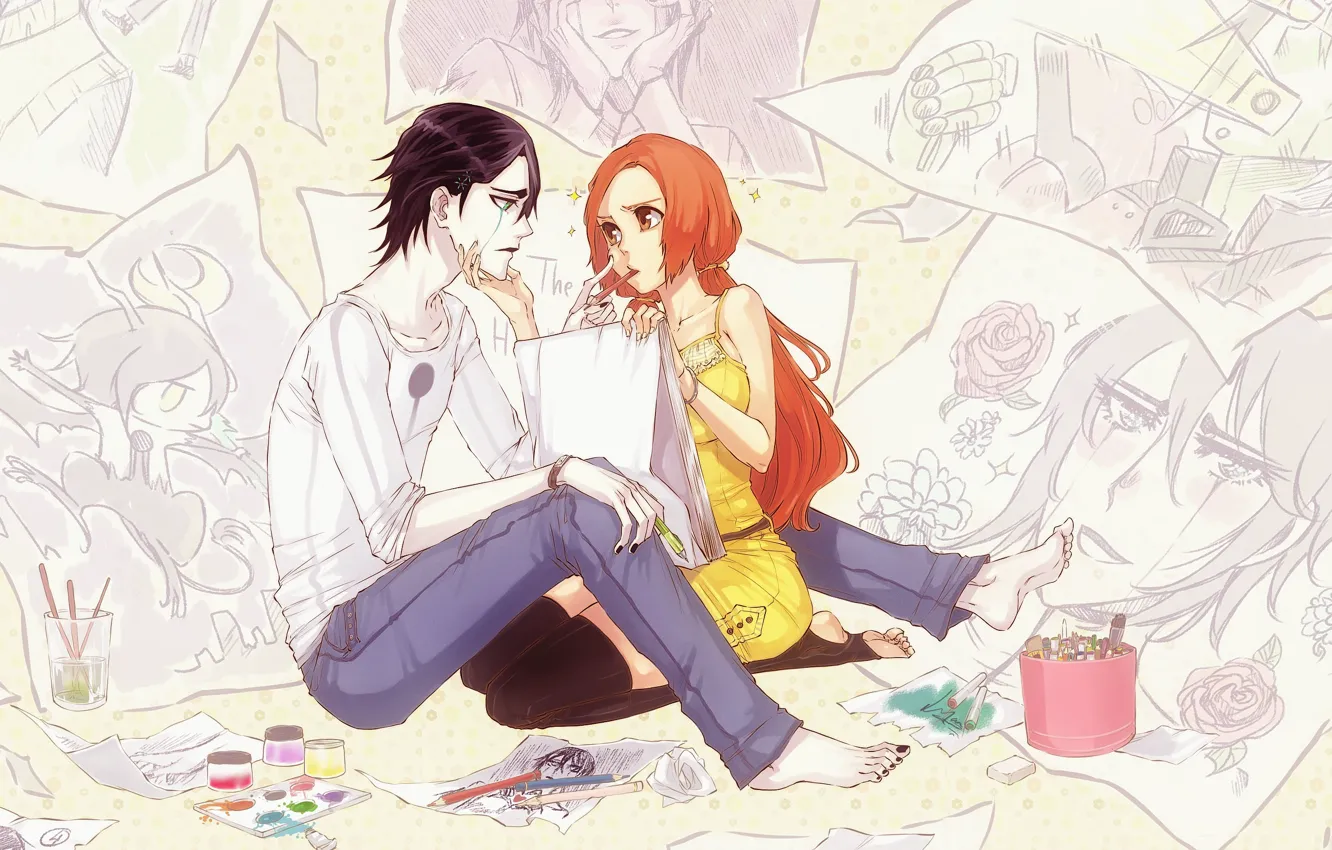 Фото обои девушка, краски, аниме, карандаши, арт, рисунки, парень, Bleach