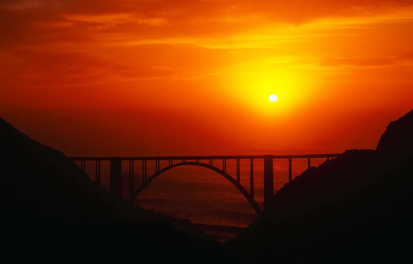 Фото обои море, солнце, закат, мост