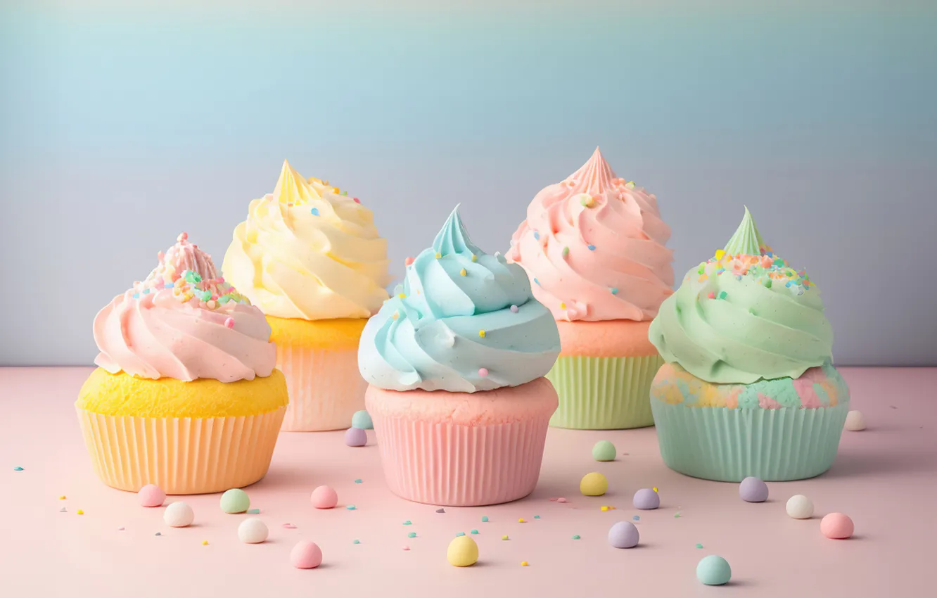 Фото обои Colorful, Food, Cupcakes, Ice cream, Aesthetic, Pastel background