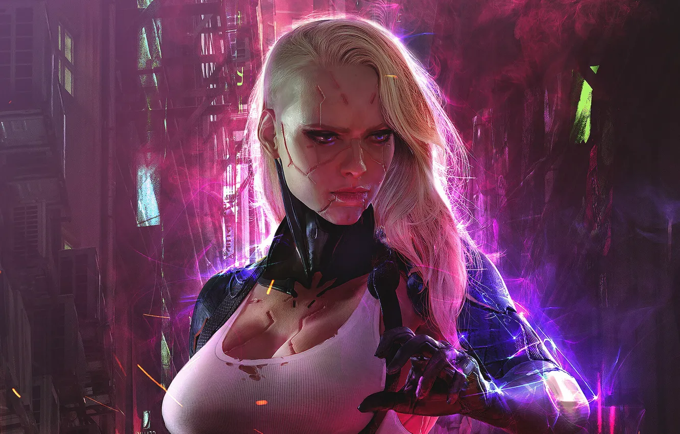 Фото обои город, блондинка, game, большая грудь, белая майка, фан арт, Fan Art, Cyberpunk 2077