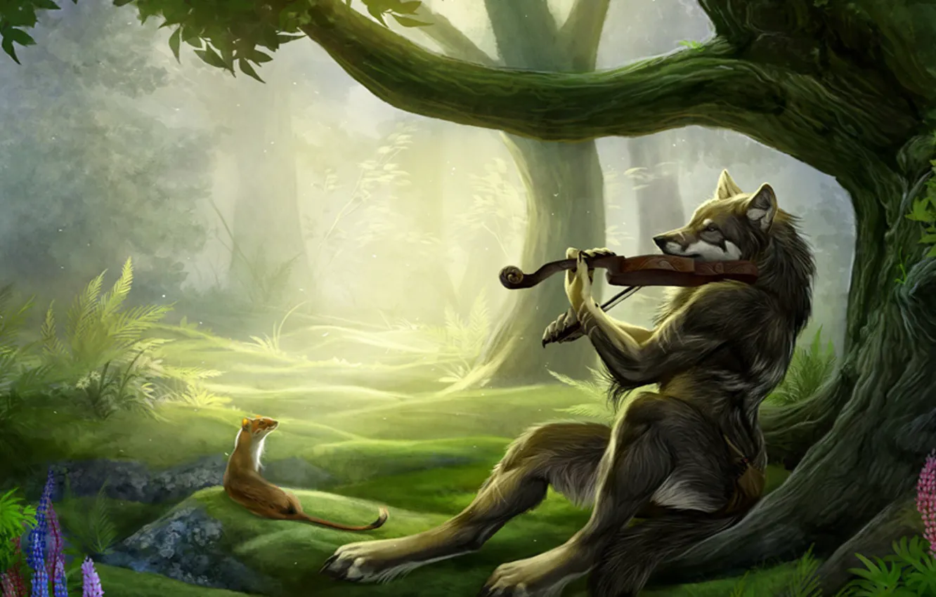Фото обои лес, фентези, скрипка, волк, друзья, скрипач