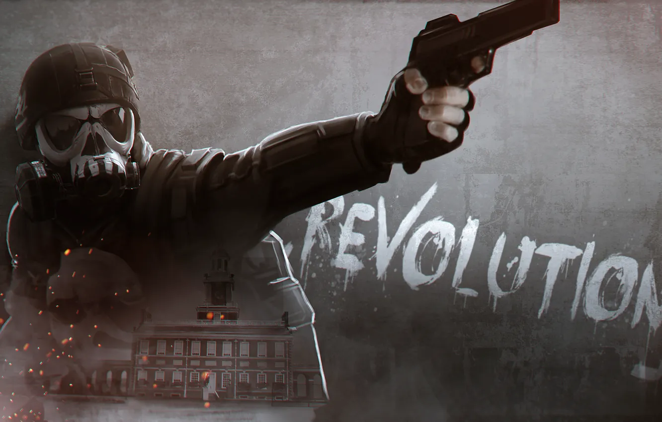 Фото обои пистолет, солдат, противогаз, шлем, мужчина, революция, Homefront: The Revolution