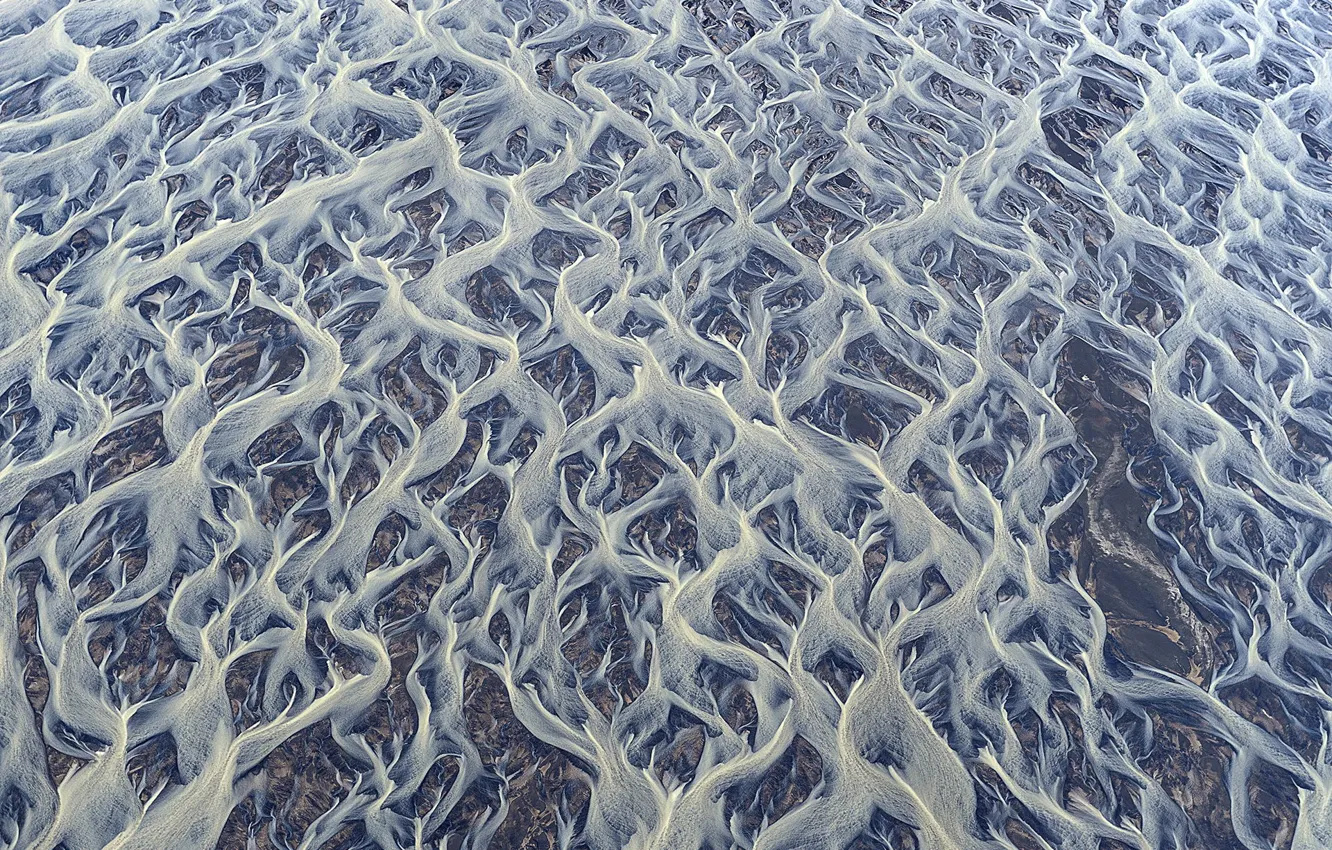 Фото обои узоры, текстура, Исландия, потоки, реки, вид сверху, ручьи, ледниковой грязи