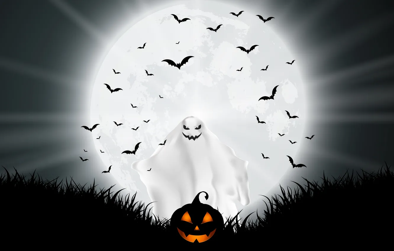 Фото обои Ночь, Луна, Тыква, Halloween, Хэллоуин, Полнолуние, Летучие мыши, Жутко