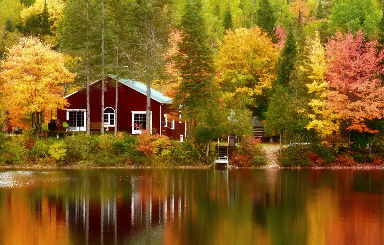 Фото обои осень, деревья, озеро, дом, Канада, Canada, Quebec, Квебек