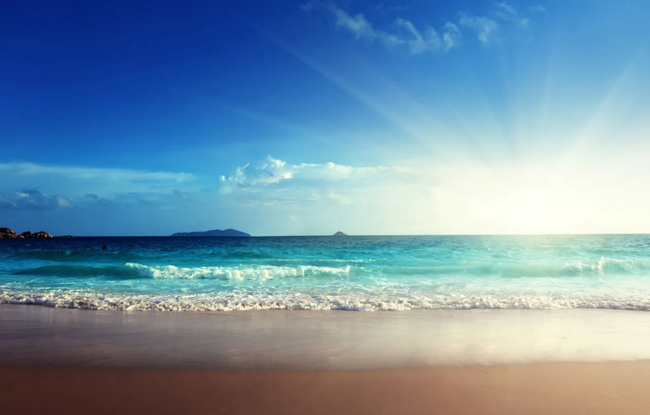 Фото обои песок, море, волны, небо, солнце