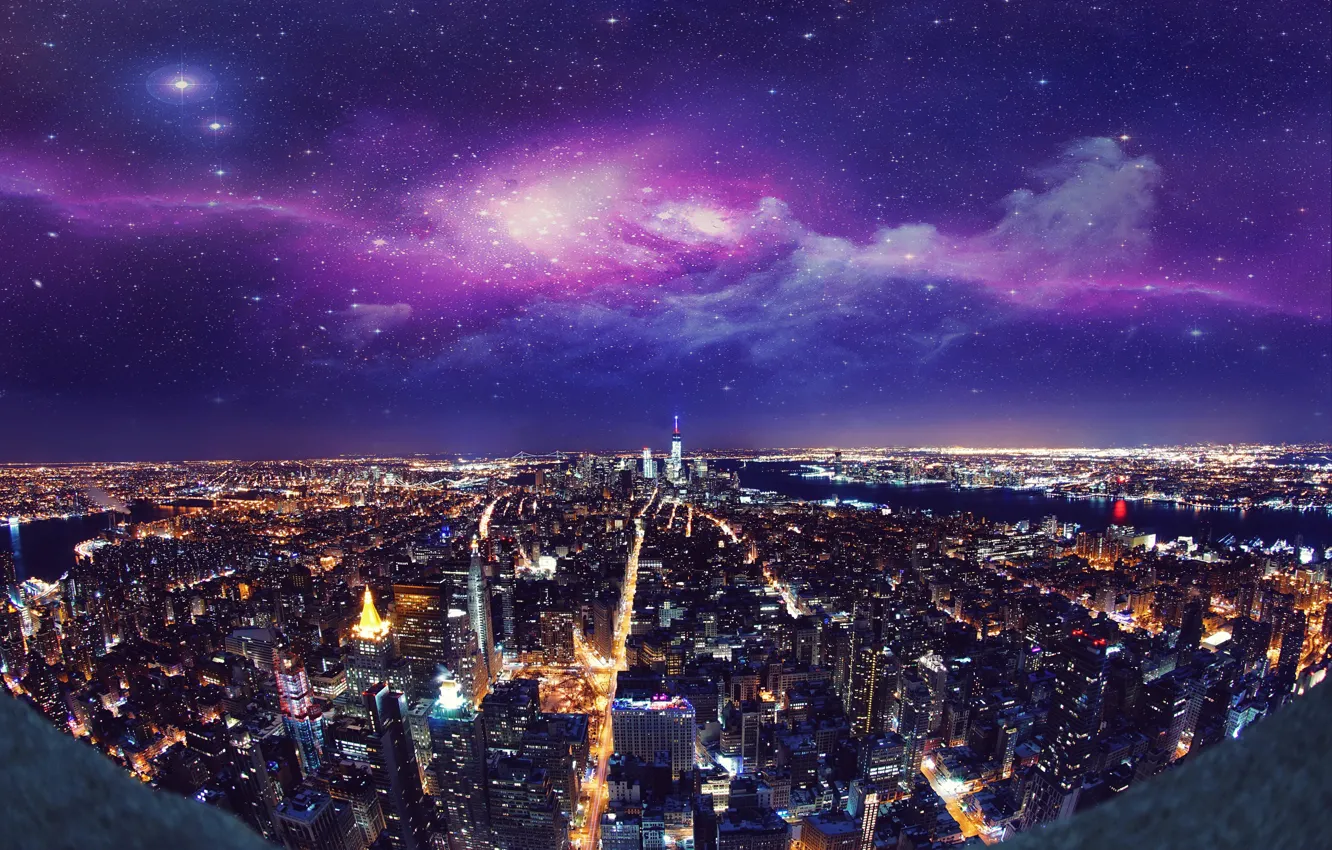 Фото обои ночь, город, огни, Нью-Йорк, небоскребы, USA, США, New York