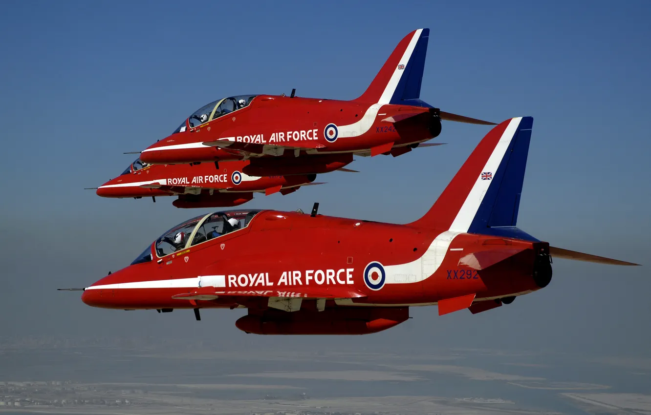 Фото обои Flying, Red Arrows, BaE Hawk, Aerobatic, Formation Flying