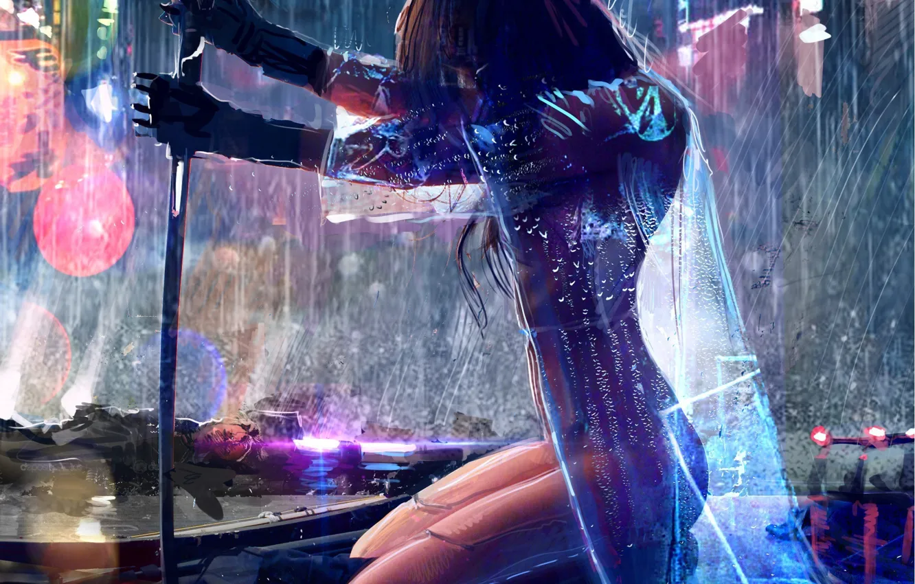 Фото обои девушка, оружие, дождь, sci-fi