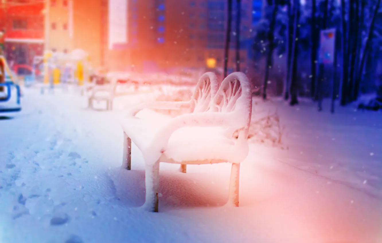 Фото обои зима, снег, скамейка