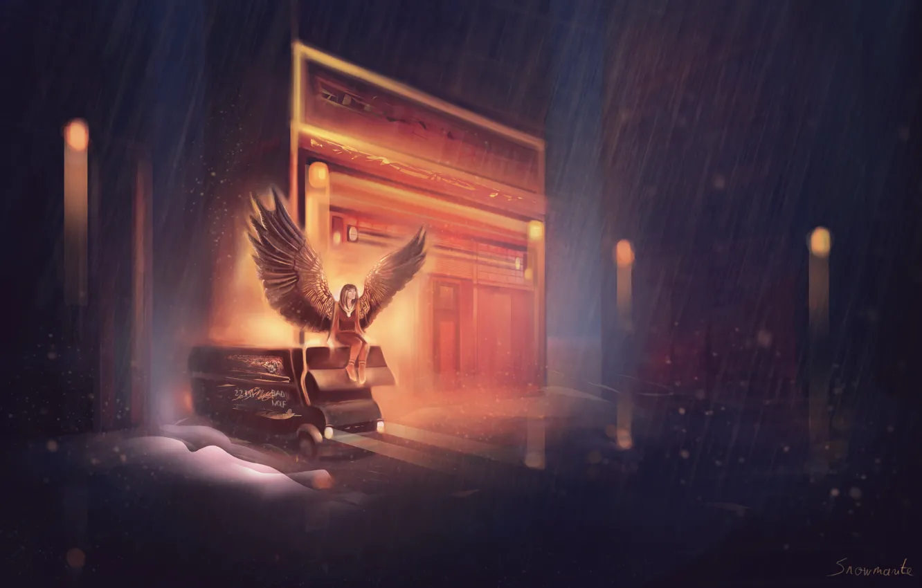 Фото обои машина, девушка, дождь, крылья, ангел, арт