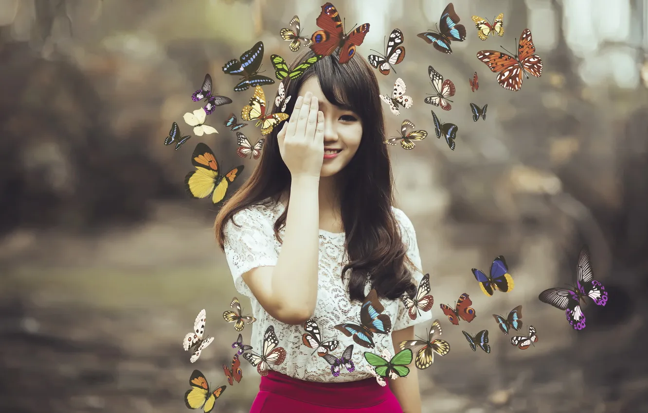 Фото обои девушка, бабочки, настроение