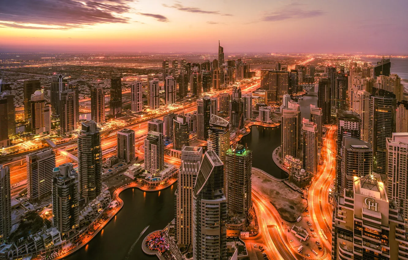 Фото обои закат, город, огни, высота, небоскребы, вечер, Дубаи, ОАЭ