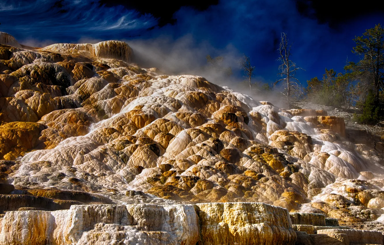 Фото обои небо, деревья, камни, Вайоминг, USA, США, Wyoming, Yellowstone National Park