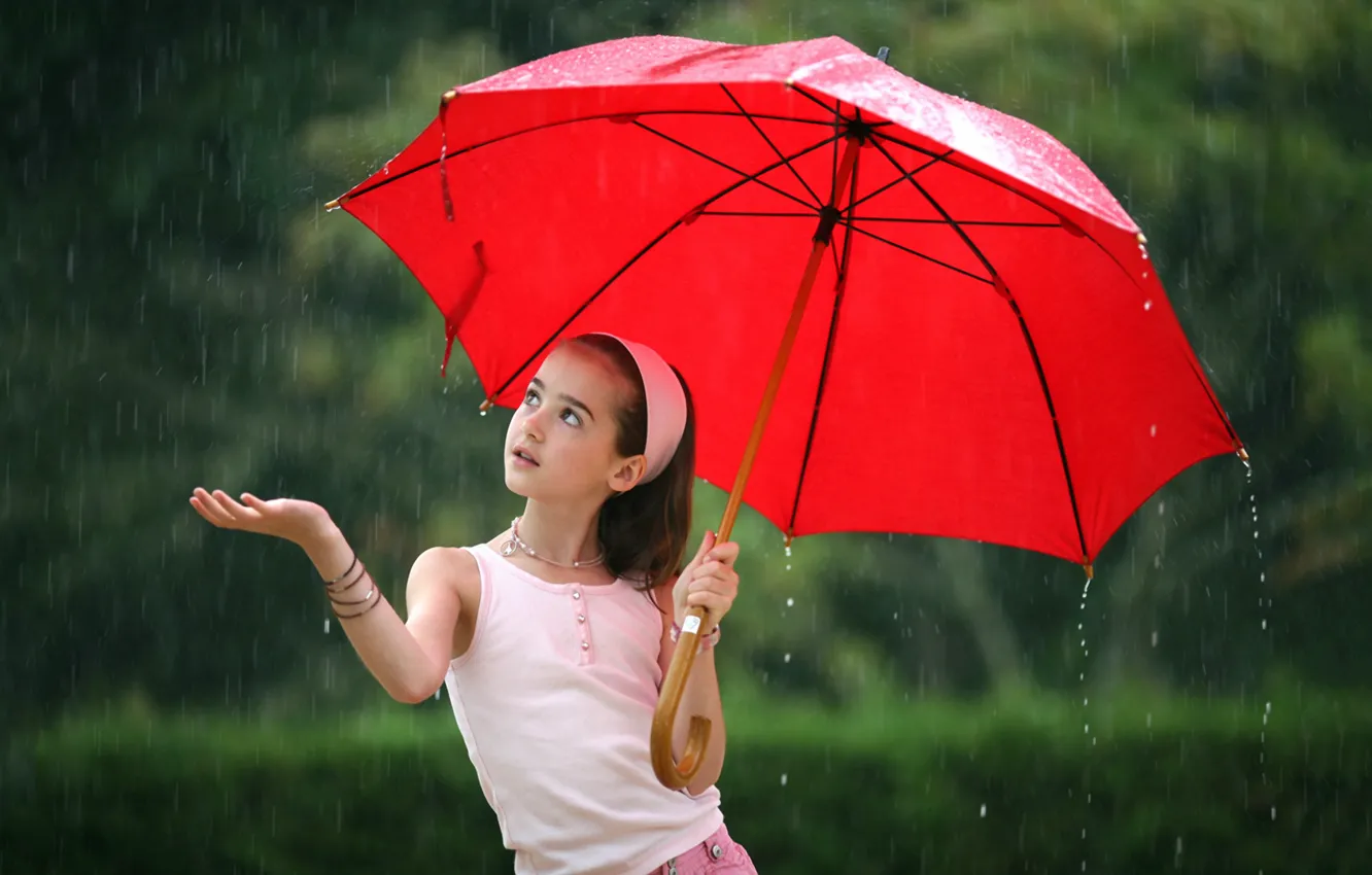 Фото обои красный, дождь, зонт, девочка