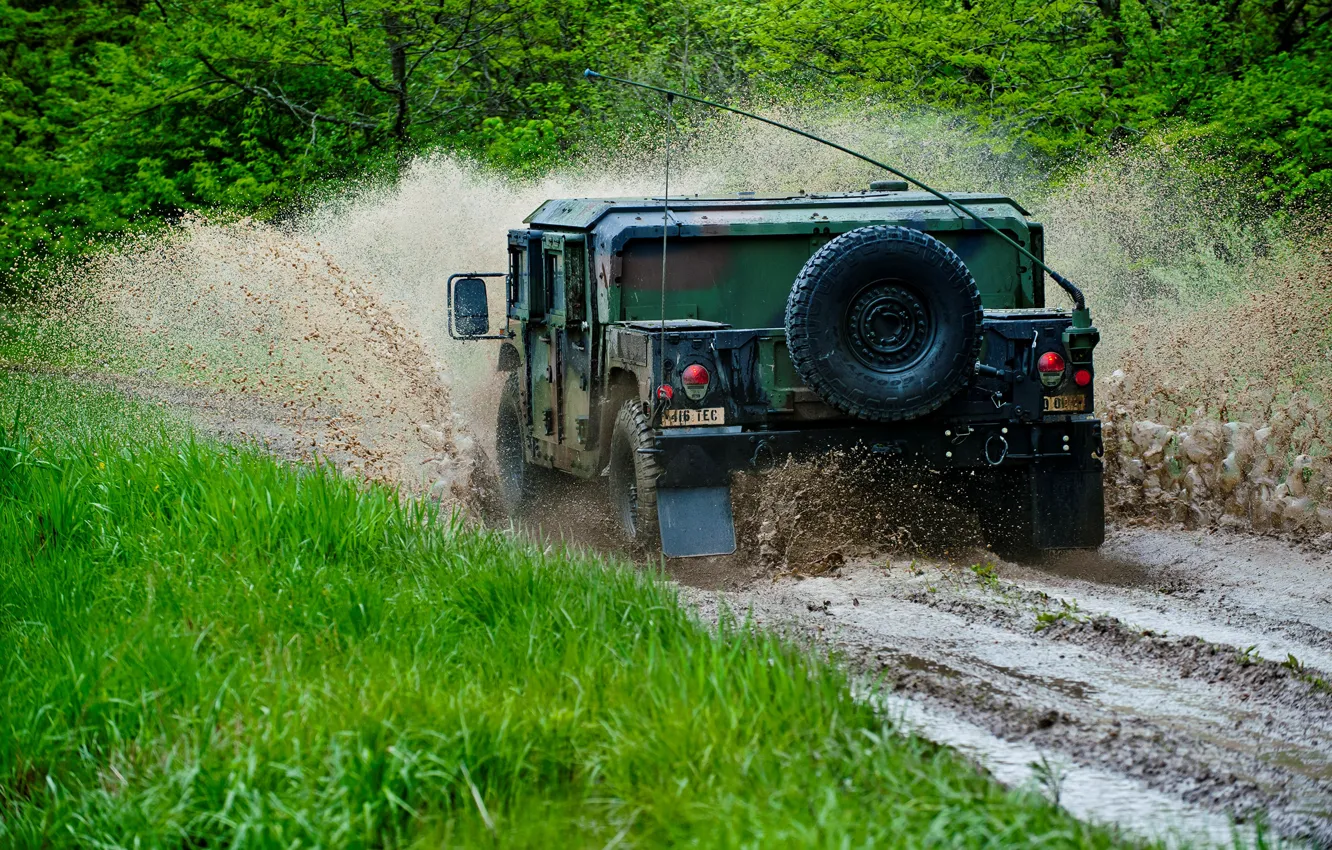 Фото обои лес, брызги, грязь, внедорожник, Hummer