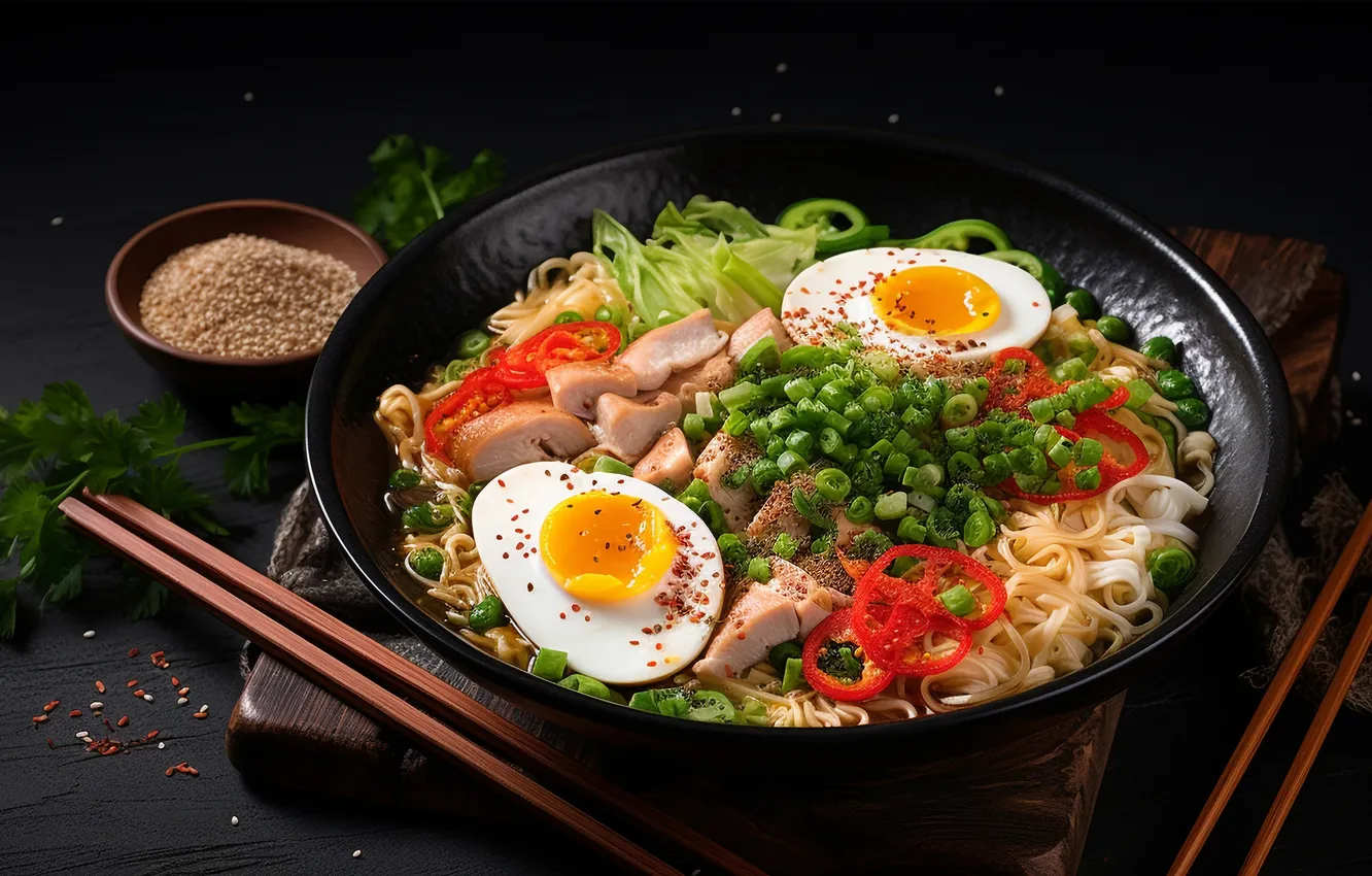 Фото обои зелень, темный фон, яйца, лук, мясо, кусочки, миска, специи