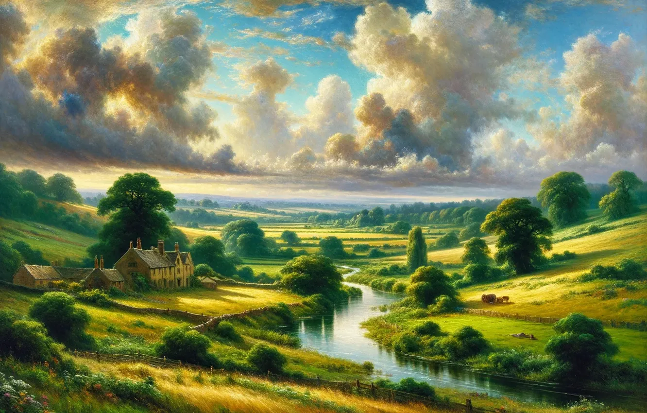 Фото обои sky, trees, landscape, water, clouds, digital art, John Constable, digital painting