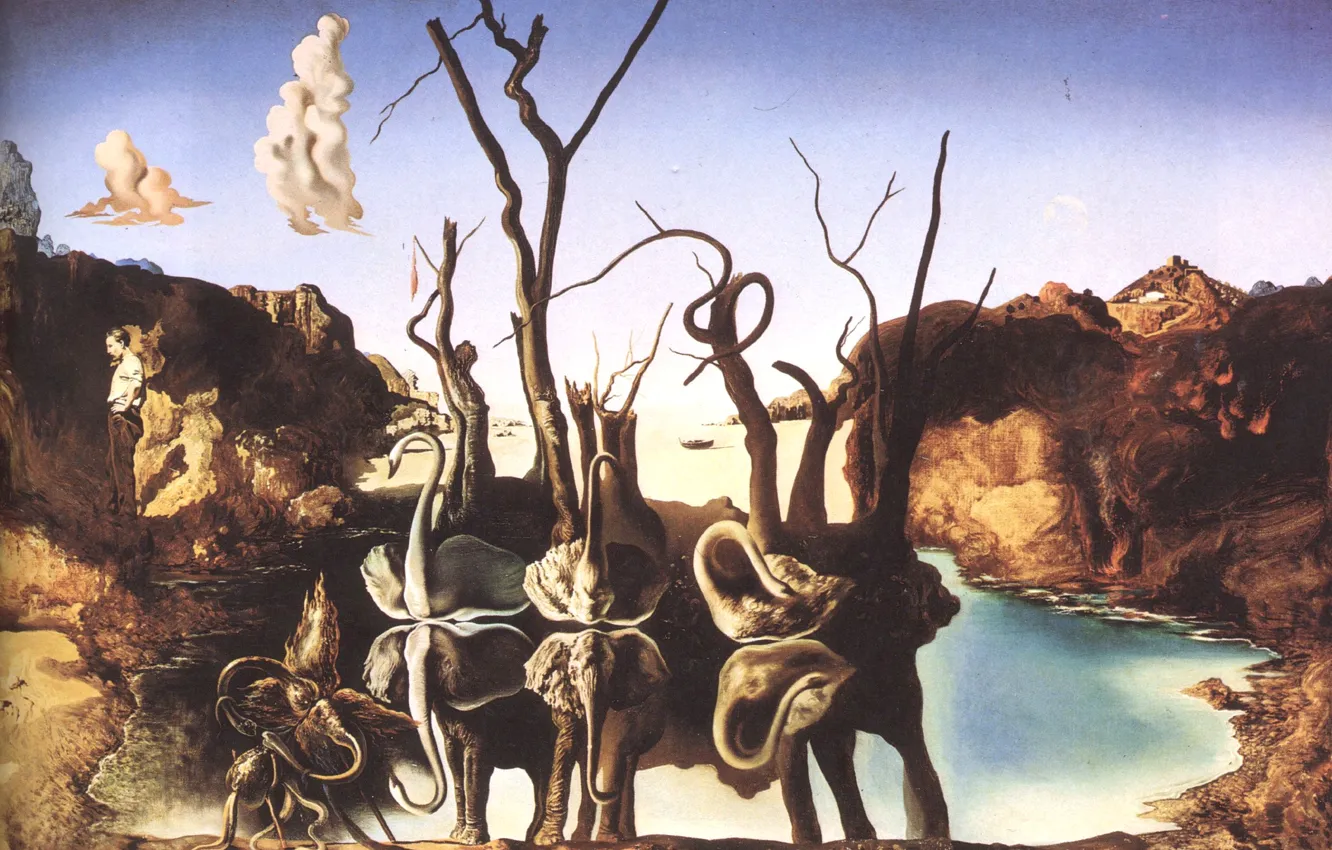 Фото обои сюрреализм, картина, художник, лебеди, Сальвадор Дали, отражающиеся в слонах, Salvador Dali, 1937 год