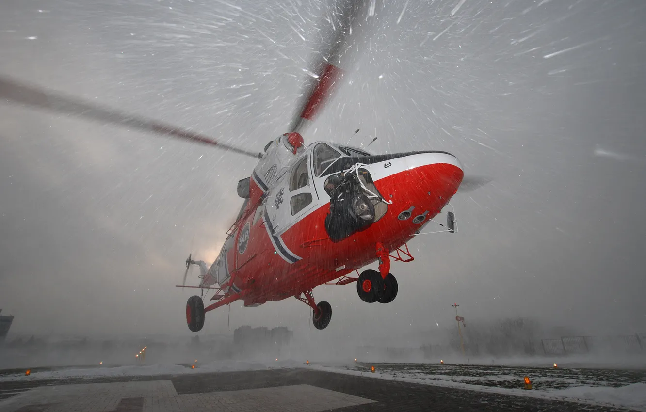 Фото обои снег, вертолет, взлет