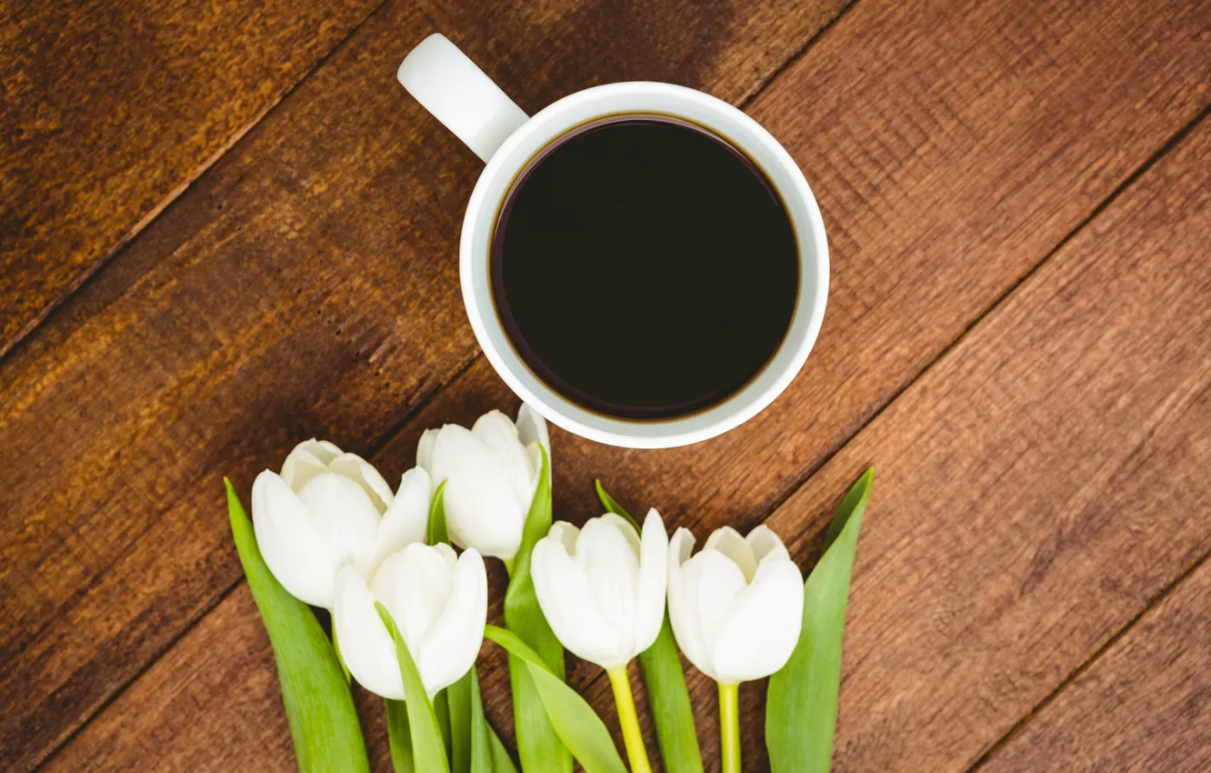 Фото обои цветы, кофе, букет, чашка, тюльпаны, white, белые, wood