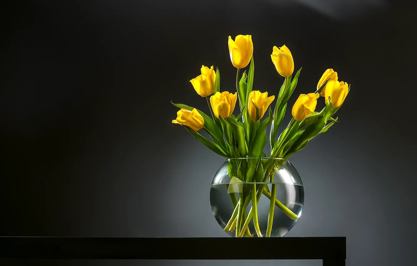 Фото обои фон, букет, тюльпаны, ваза, бутоны, жёлтые тюльпаны