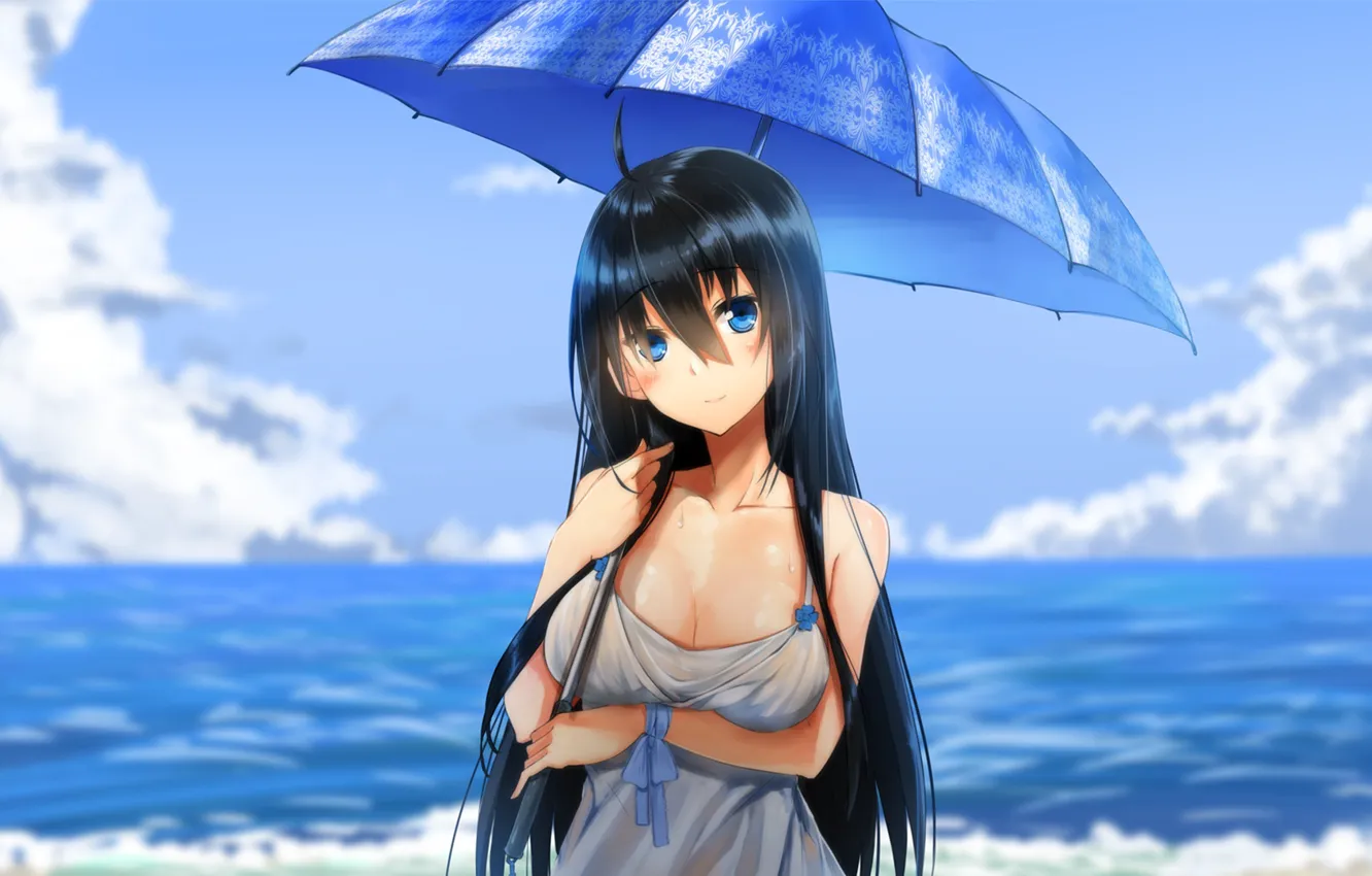 Фото обои пляж, зонтик, girl, Art, Anime, Ukeuke