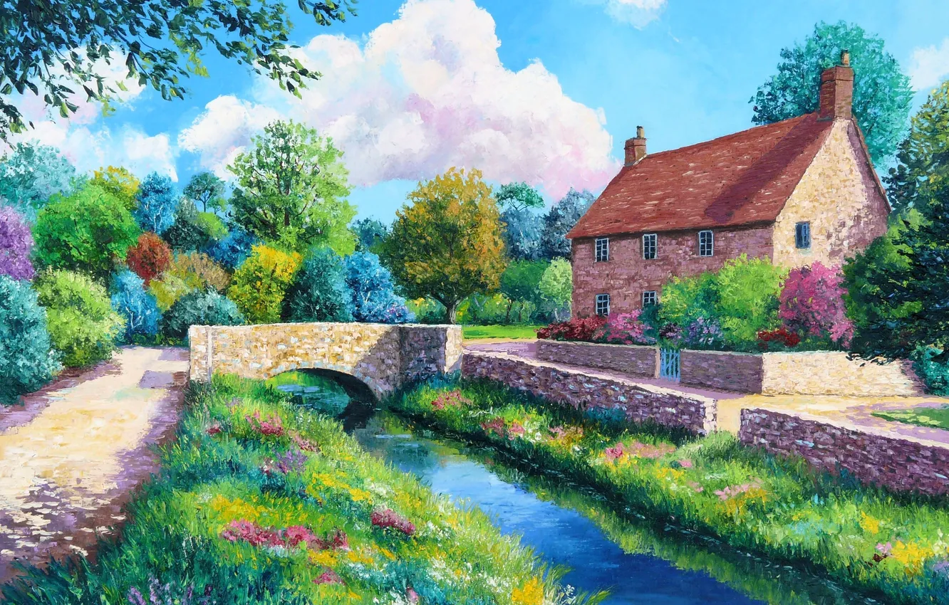 Фото обои дорога, деревья, цветы, мост, дом, река, картина, сад