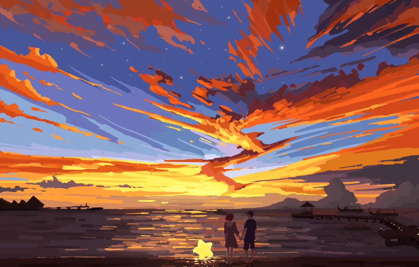Фото обои море, закат, звезда, влюбленные, Fangpeii