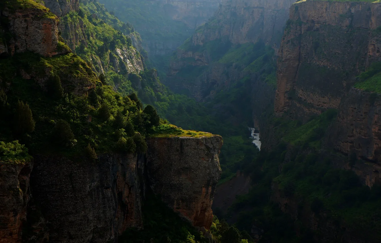 Фото обои rock, forest, river, landscape, jungle, evening, waterfall, valley