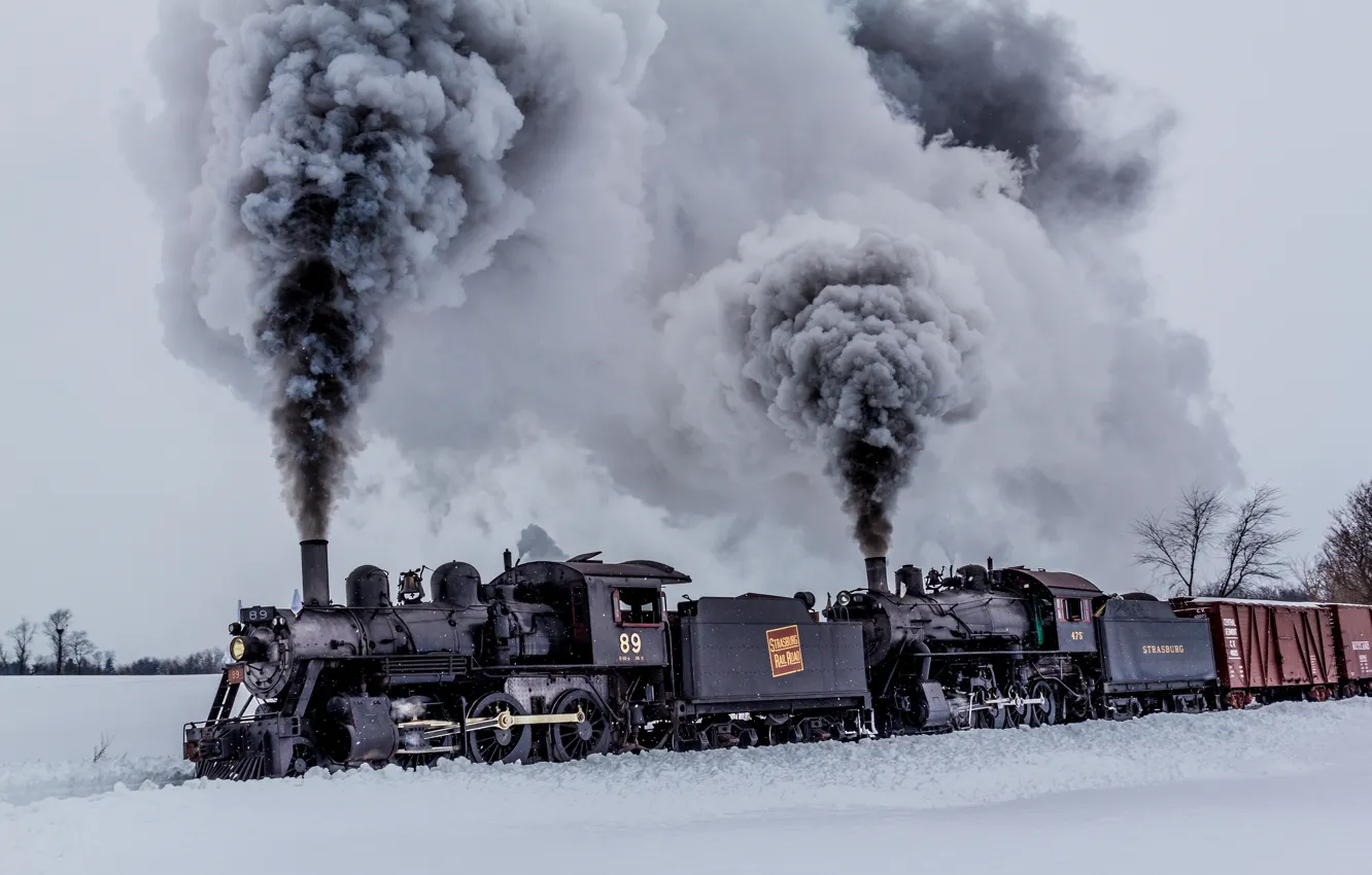 Фото обои зима, природа, дым, вагоны, поезда, паровозы