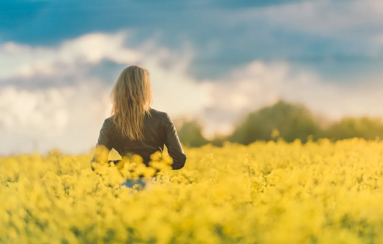 Фото обои поле, девушка, природа, волосы, весна, куртка, цветение