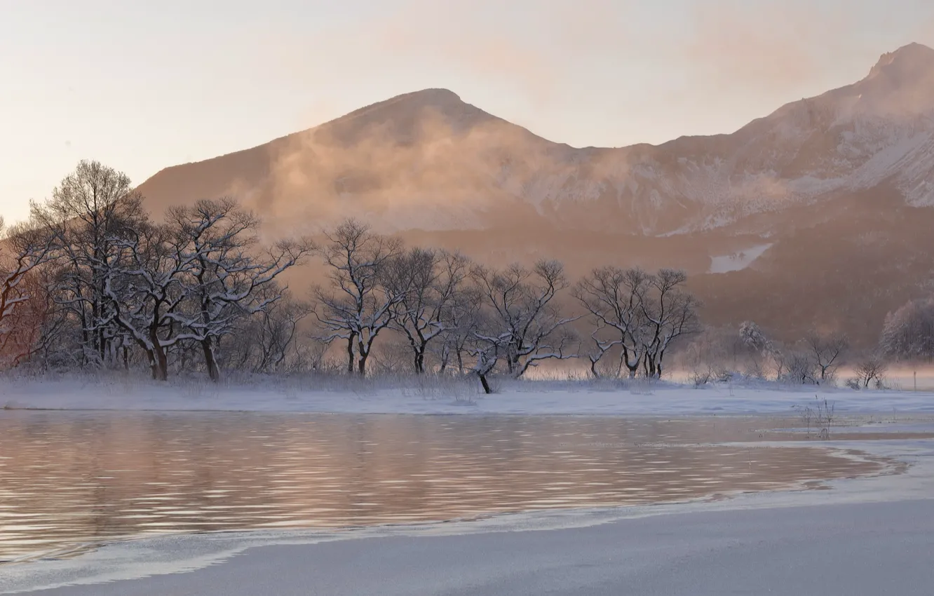 Фото обои зима, горы, река, утро