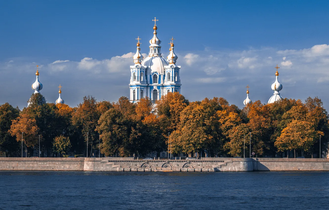 Фото обои осень, пейзаж, город, река, Питер, Санкт-Петербург, храм, купола